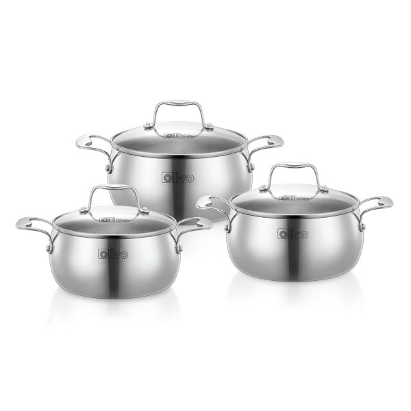 Bộ Nồi Olivo Steve CS - Bộ 3 Nồi - Đa Dạng Kích Thước - Inox 3 Lớp - Nắp Kính Cường Lực - Nấu Được Trên Mọi Loại Bếp
